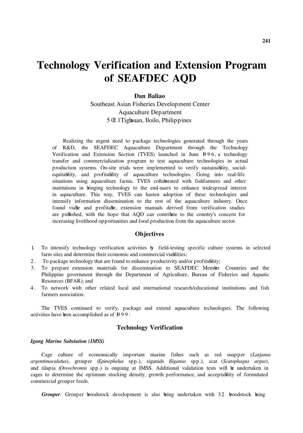 Technology Verification and Extension Program of SEAFDEC AQD