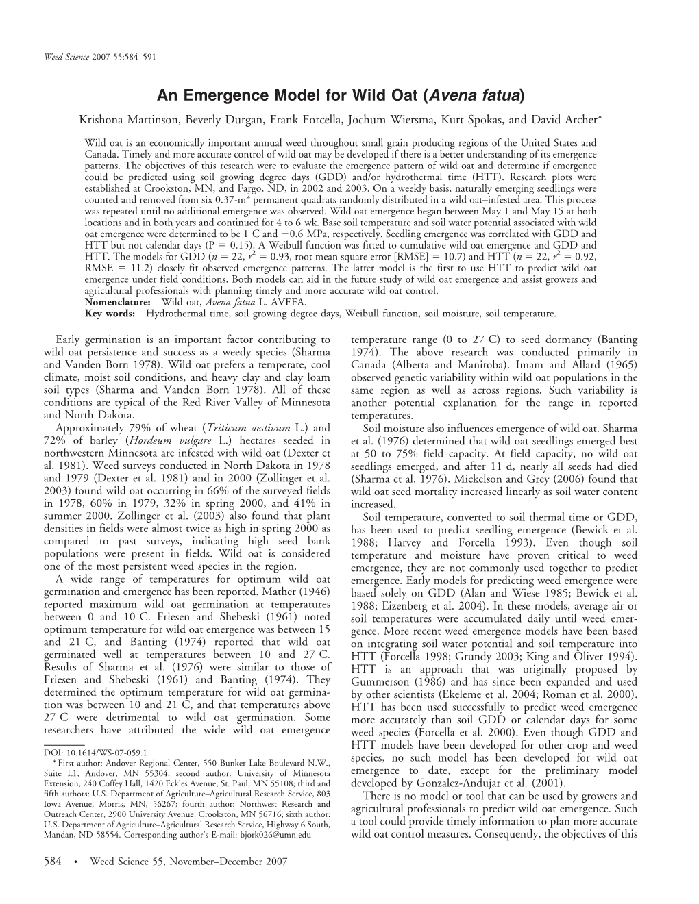 An Emergence Model for Wild Oat (Avena Fatua) Krishona Martinson, Beverly Durgan, Frank Forcella, Jochum Wiersma, Kurt Spokas, and David Archer*