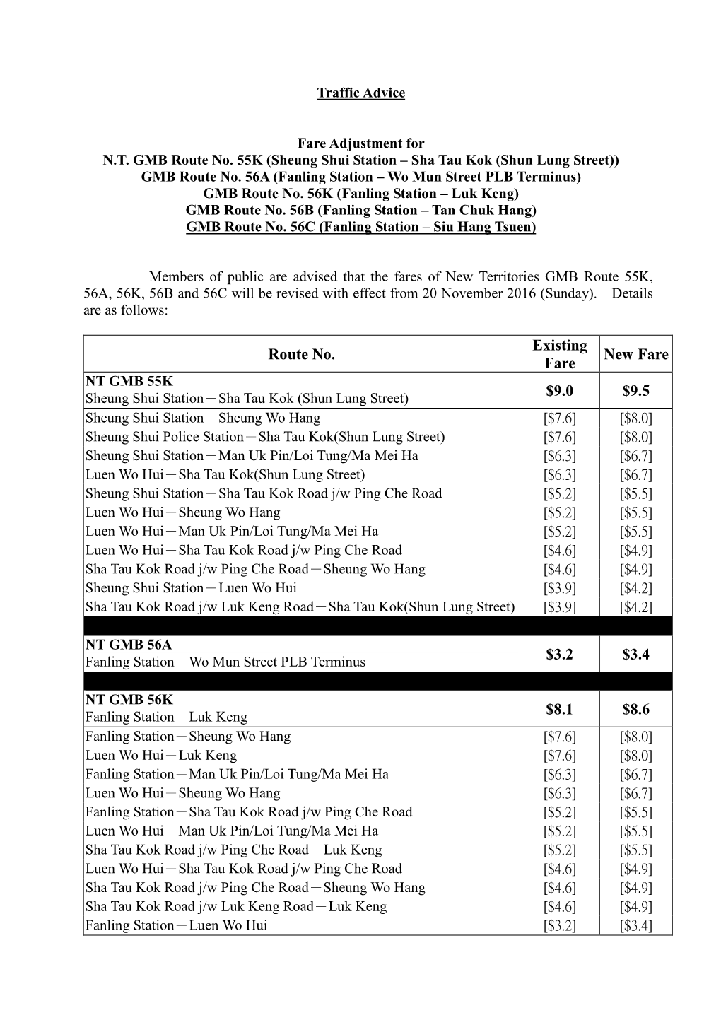 Fare Adjustment for N.T