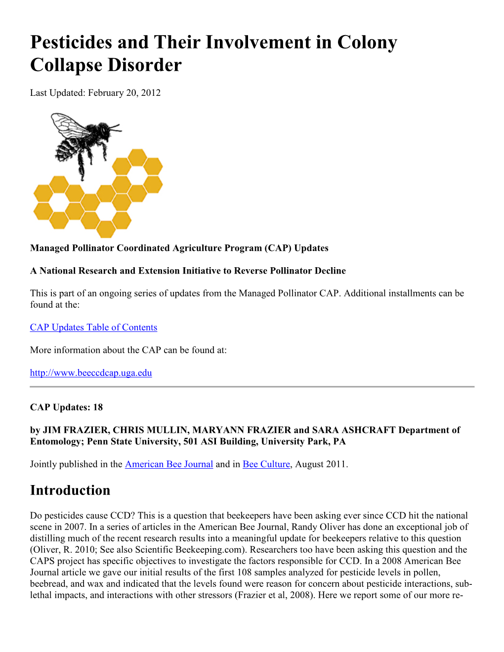 Pesticides and Their Involvement in Colony Collapse Disorder