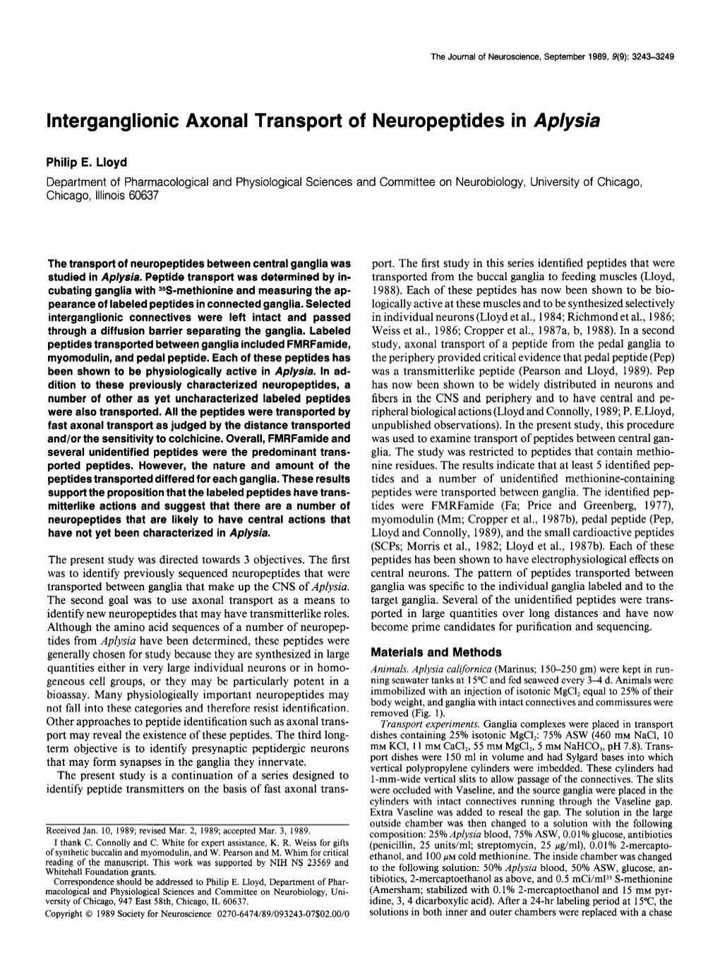 Lnterganglionic Axonal Transport of Neuropeptides in Ap/Ysia