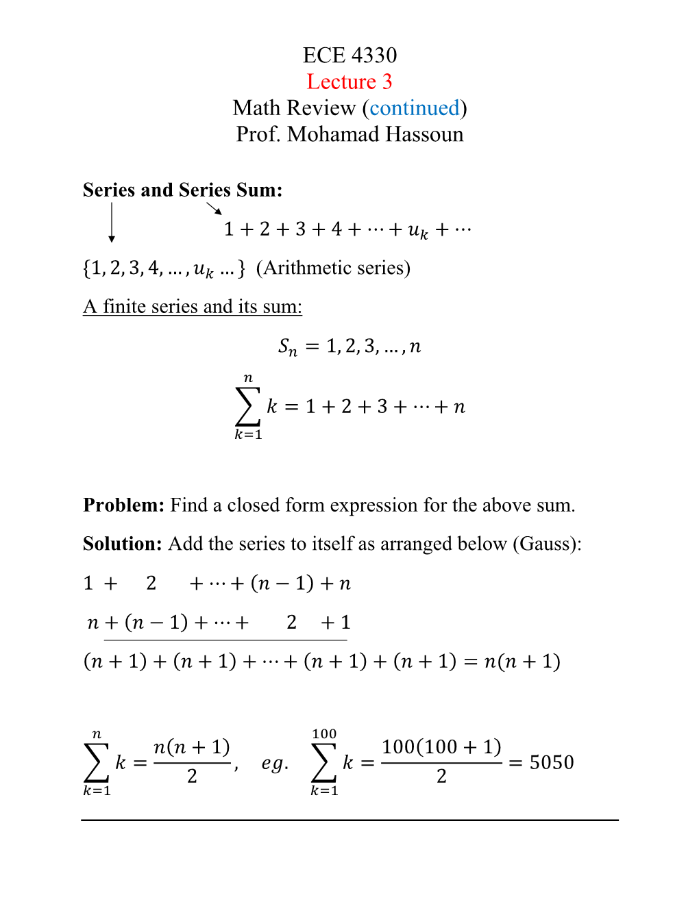ECE 4330 Lecture 3 Math Review (Continued) Prof. Mohamad Hassoun