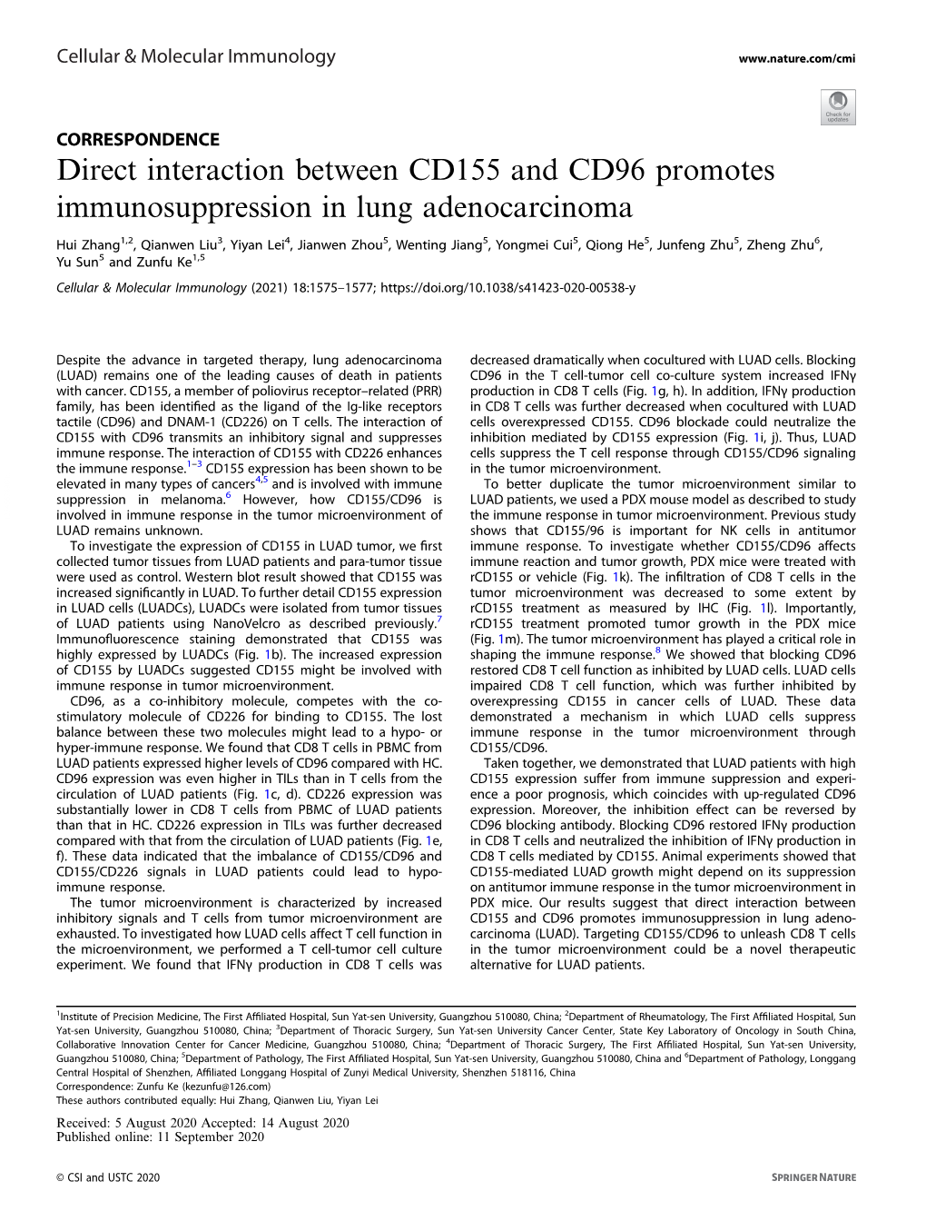 Direct Interaction Between CD155 and CD96 Promotes Immunosuppression in Lung Adenocarcinoma