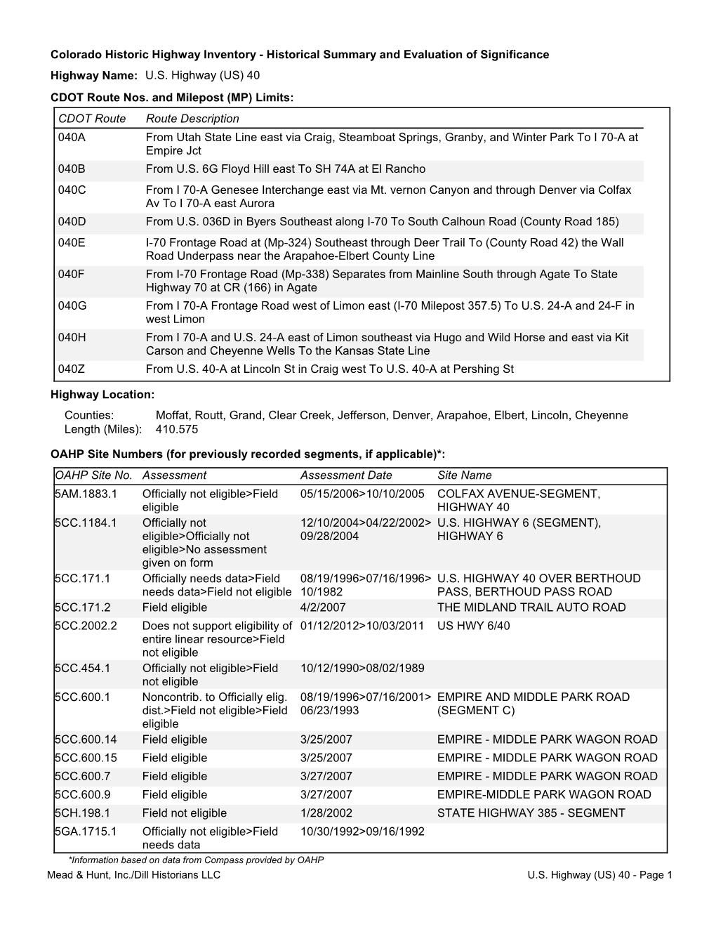 Historical Summary and Evaluation of Significance Highway Name: U.S