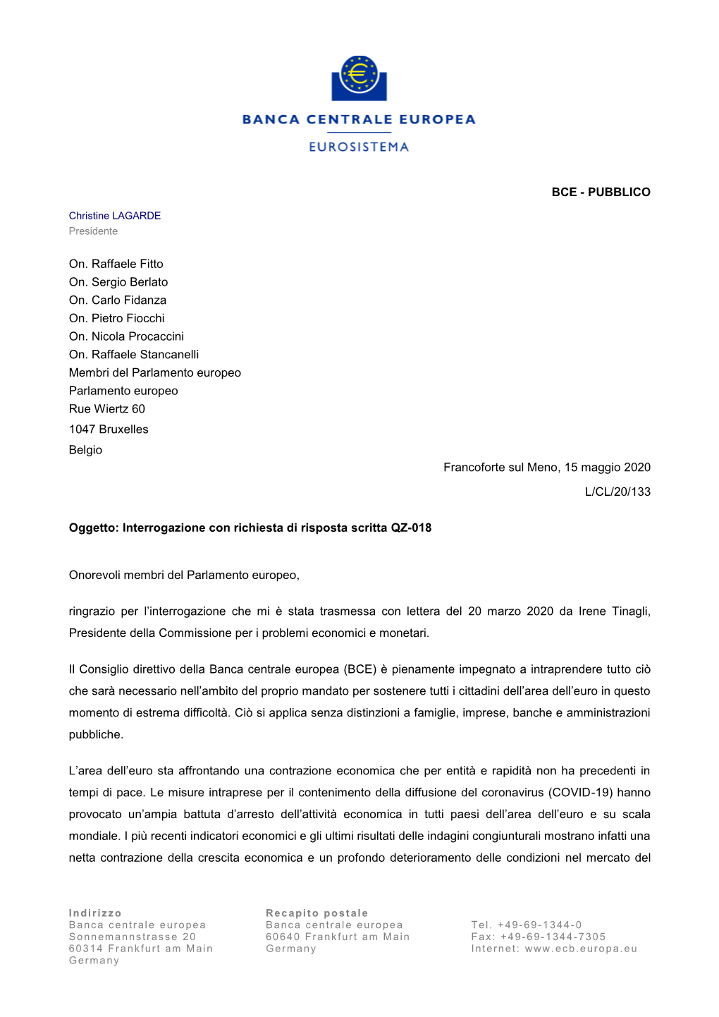 Letter from the ECB President to Mr Raffaele Fitto, Mr