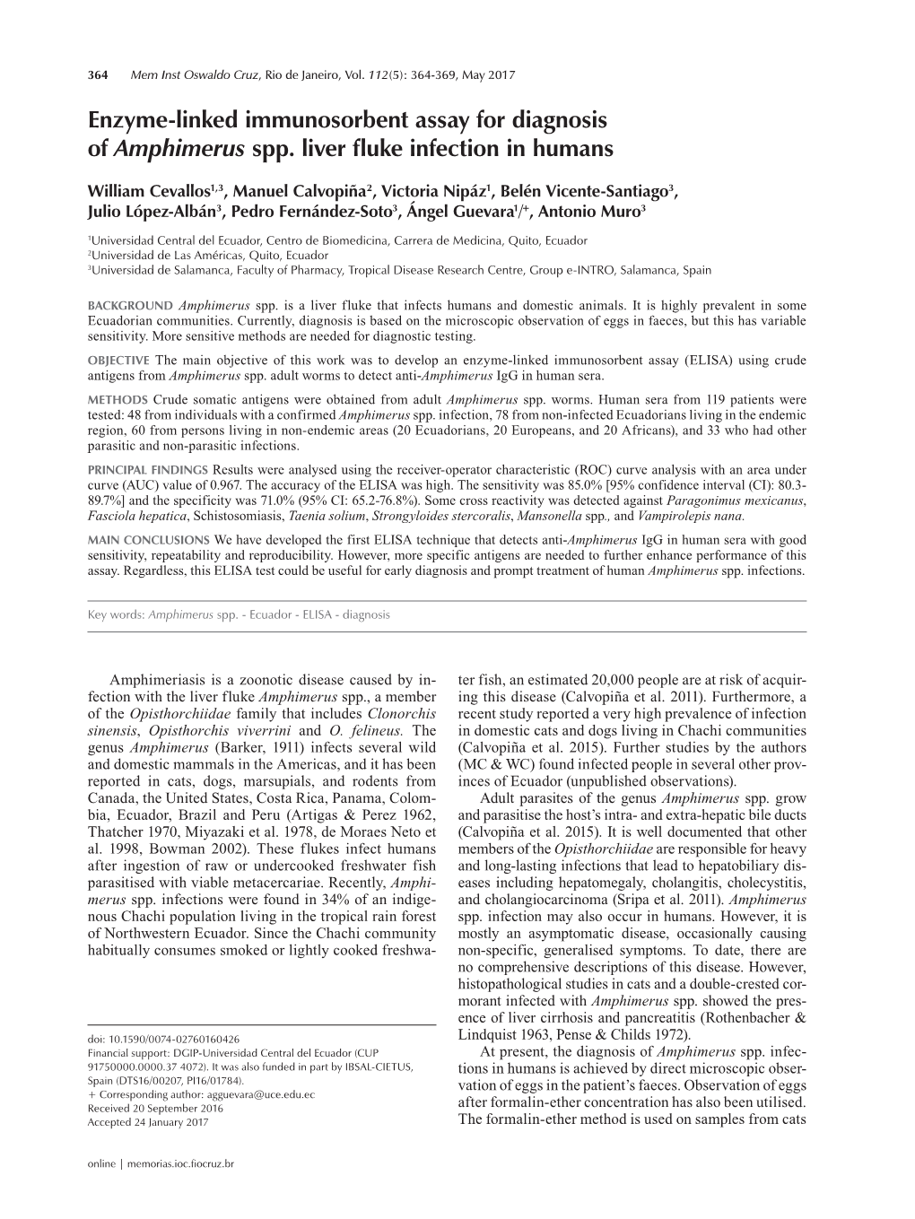 Enzyme-Linked Immunosorbent Assay for Diagnosis of Amphimerus Spp