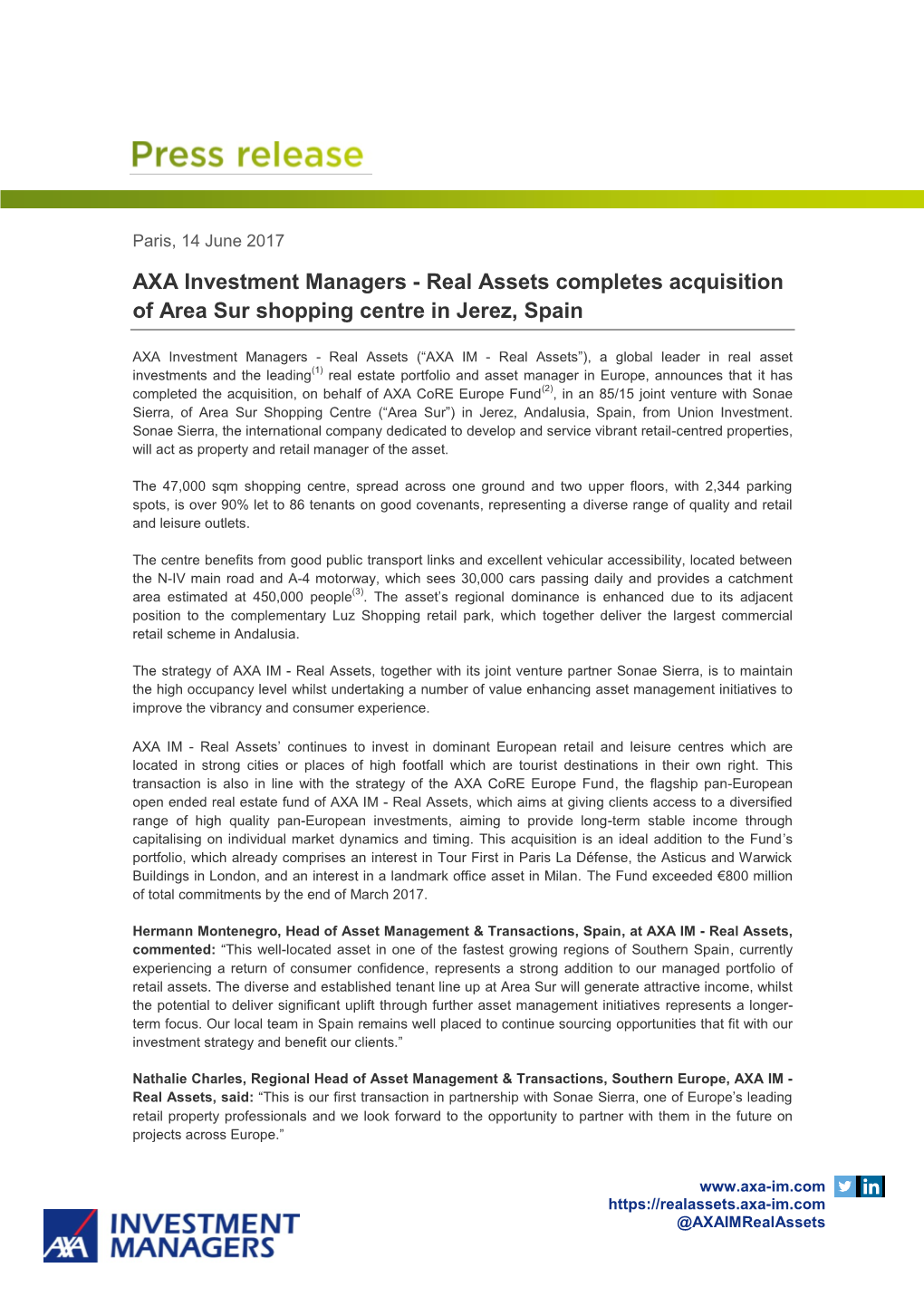 Real Assets Completes Acquisition of Area Sur Shopping Centre in Jerez, Spain