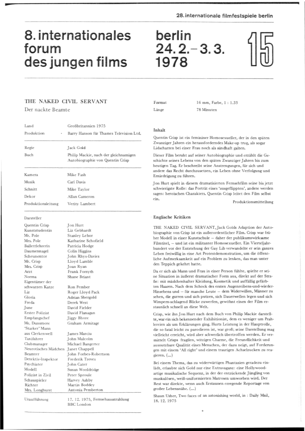 8. Internationales Forum Des Jungen Films Berlin 24.2.-3.3. 1978