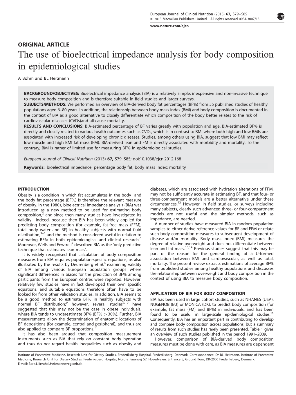 The Use of Bioelectrical Impedance Analysis for Body Composition in Epidemiological Studies