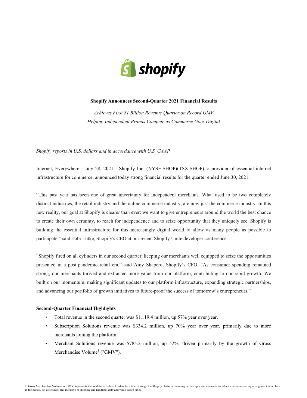 Shopify Announces Second-Quarter 2021 Financial Results