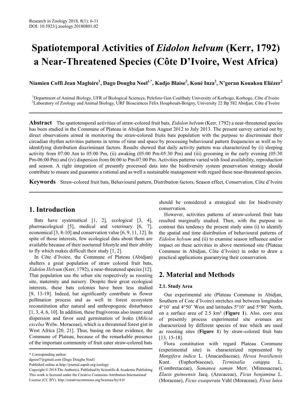 Straw-Colored Fruit Bats, Behavioural Pattern, Distribution Factors, Season Effect, Conservation,Côte D'ivoire