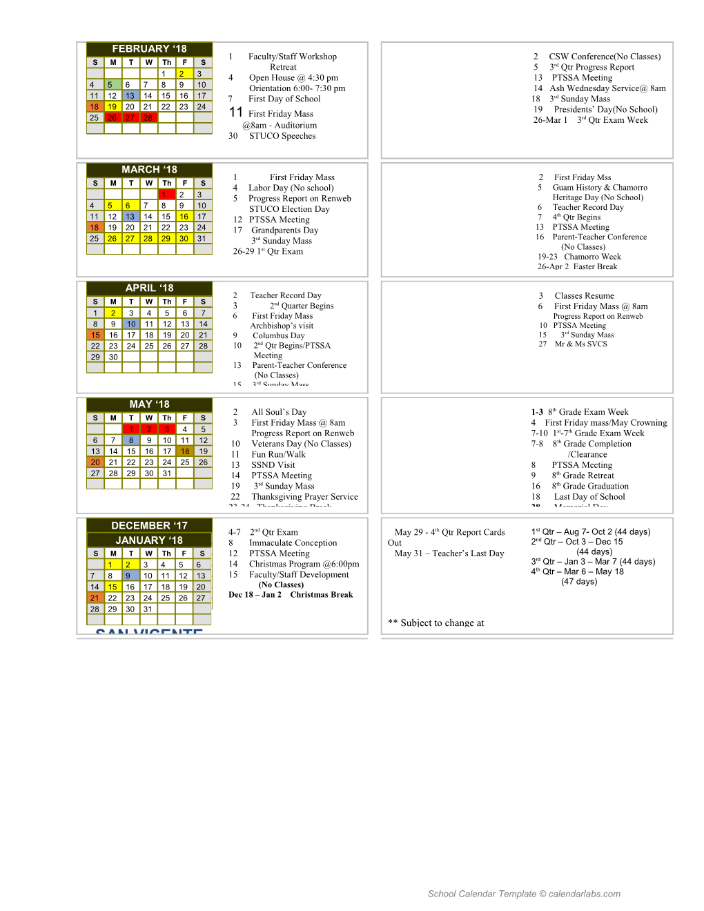 2017-18 Yearly School Calendar - Calendarlabs.Com s6