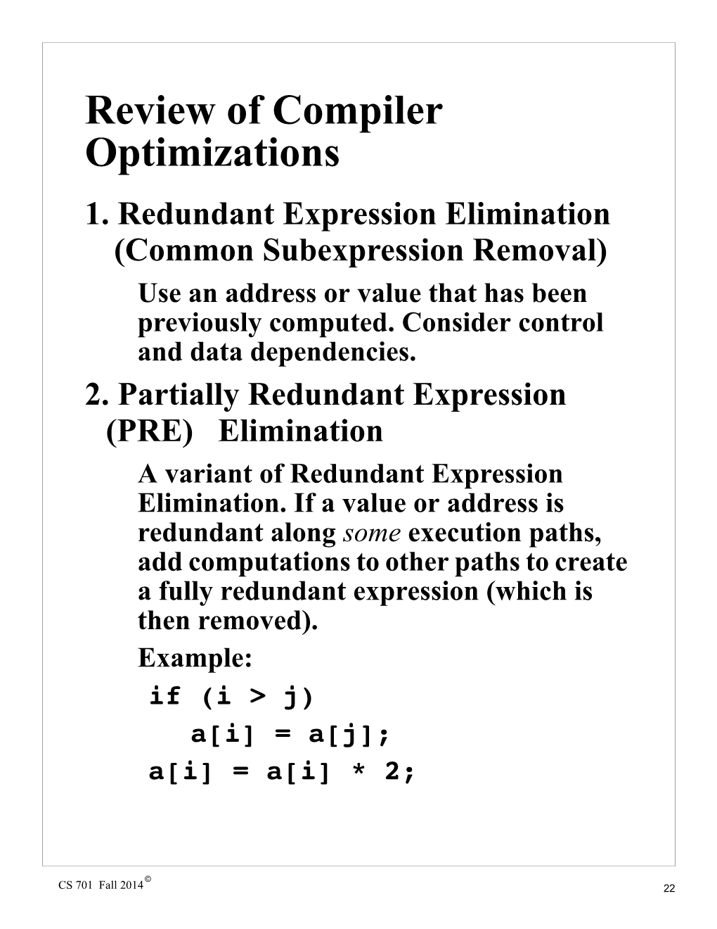 Review of Compiler Optimizations 1