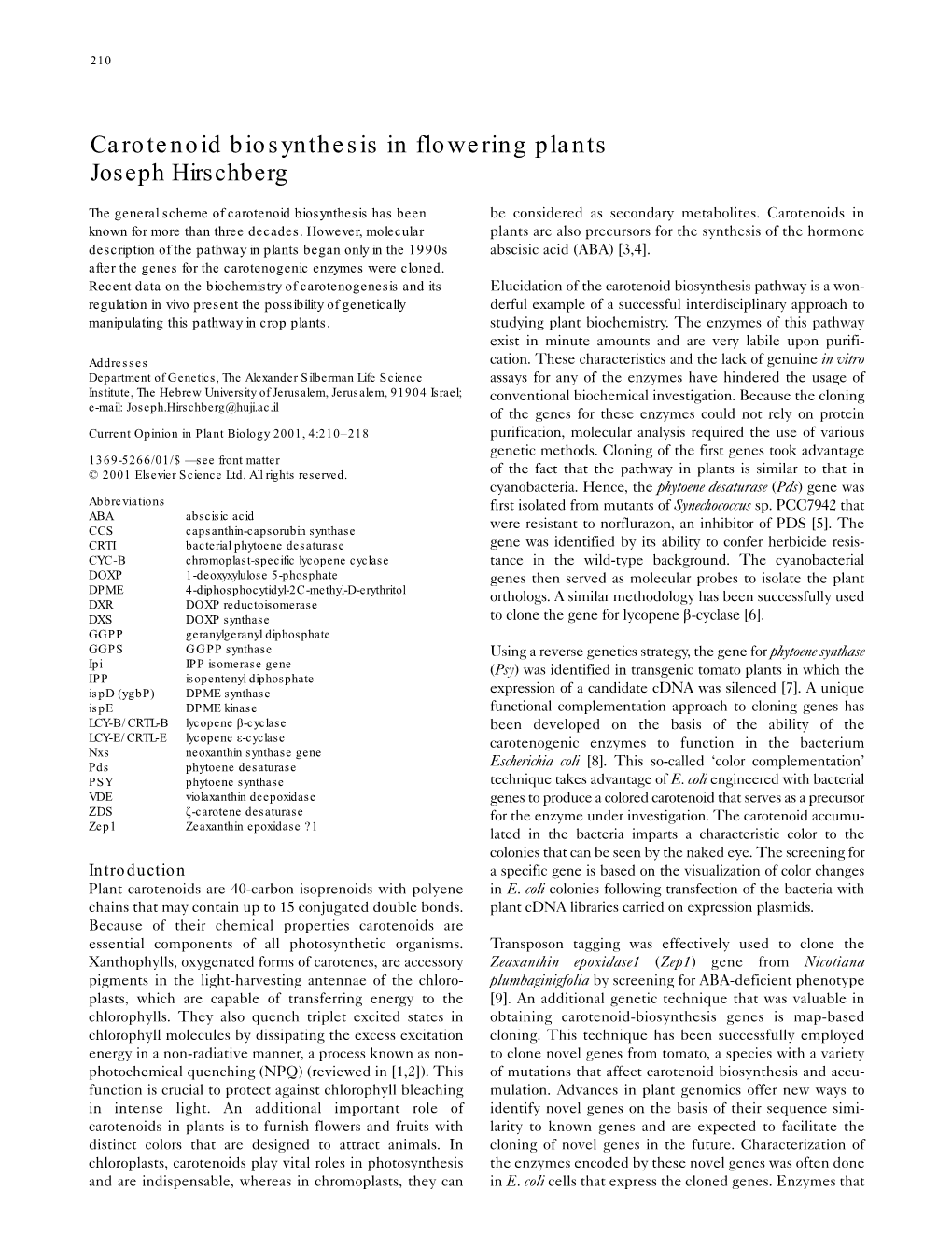 Carotenoid Biosynthesis in Flowering Plants Joseph Hirschberg
