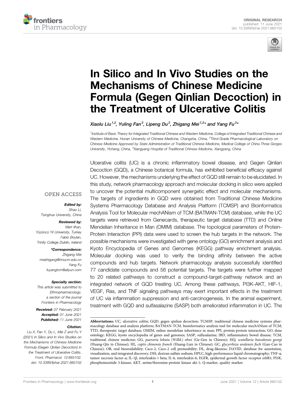 In Silico and in Vivo Studies on the Mechanisms of Chinese Medicine Formula (Gegen Qinlian Decoction) in the Treatment of Ulcerative Colitis