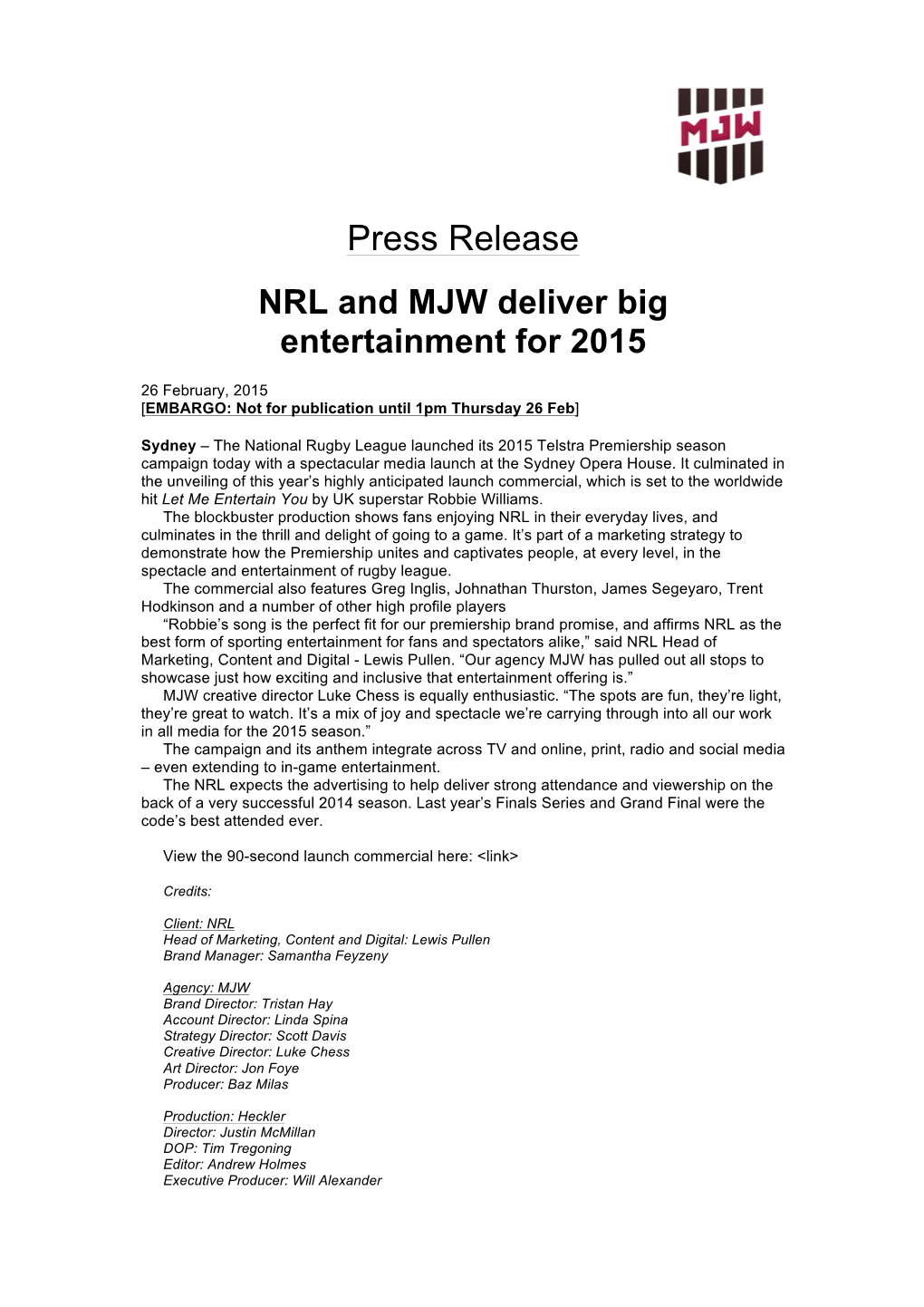 NRL Press Release Premiership Advertising