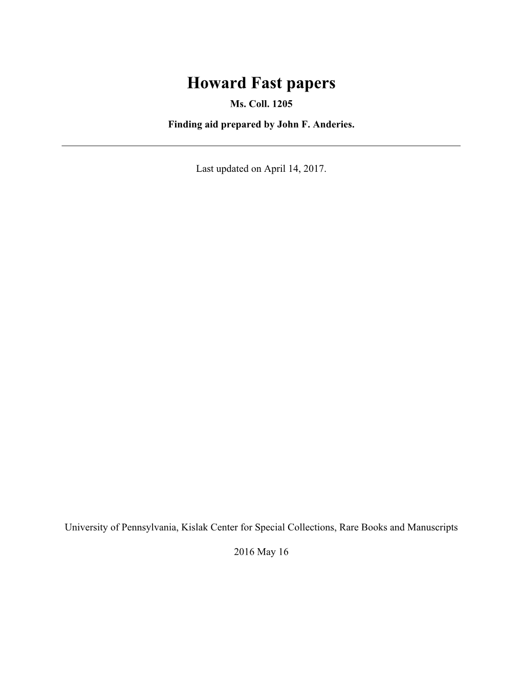 Howard Fast Papers Ms