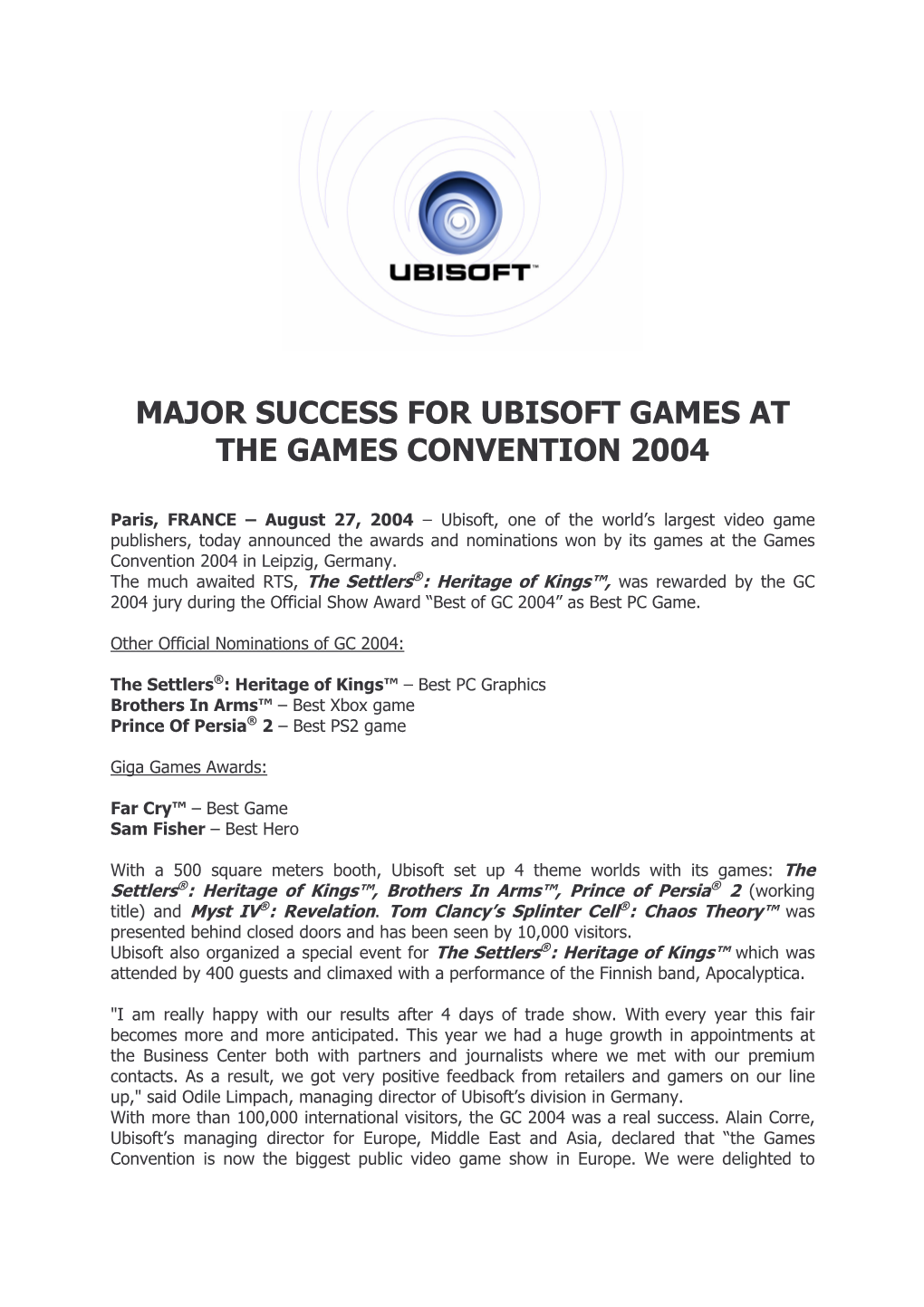 Major Success for Ubisoft Games at the Games Convention 2004
