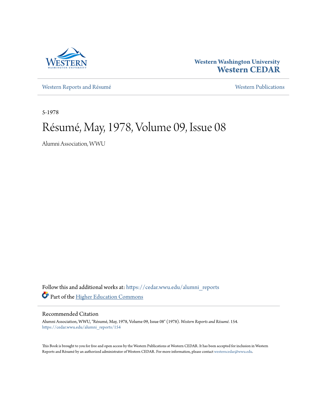 Résumé, May, 1978, Volume 09, Issue 08 Alumni Association, WWU