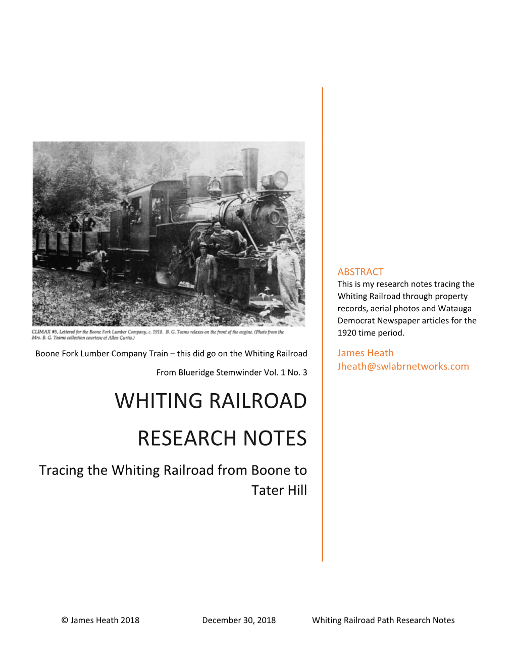 WHITING RAILROAD RESEARCH NOTES Tracing the Whiting Railroad from Boone to Tater Hill