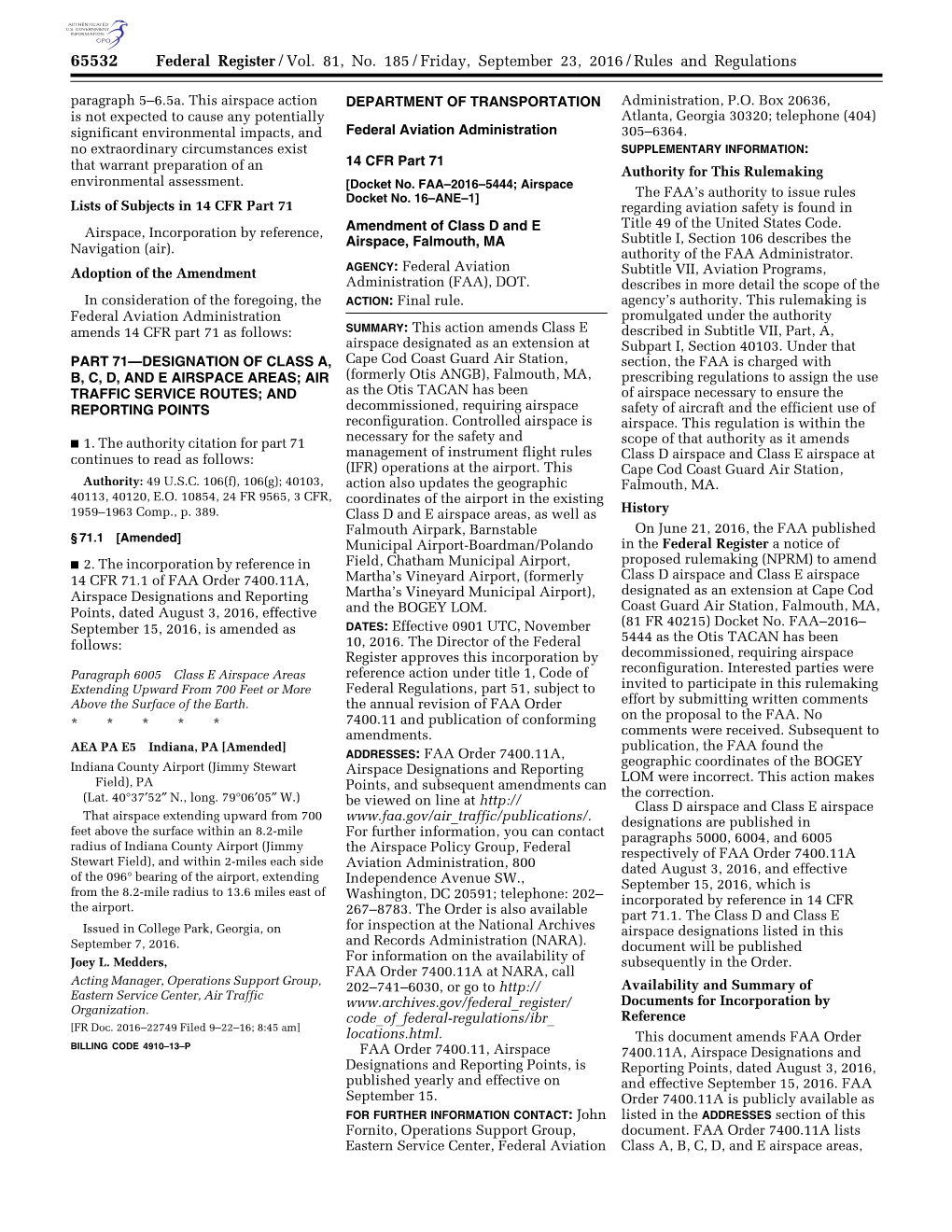 Federal Register/Vol. 81, No. 185/Friday, September 23, 2016