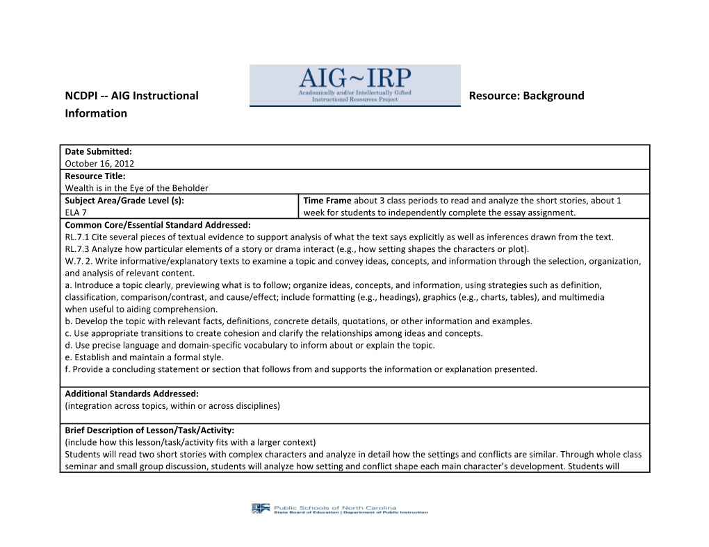 NCDPI AIG Instructional Resource: Background Information s13