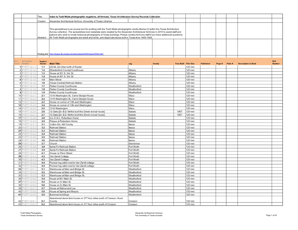 Title: Index to Todd Webb Photographic Negatives, All Formats