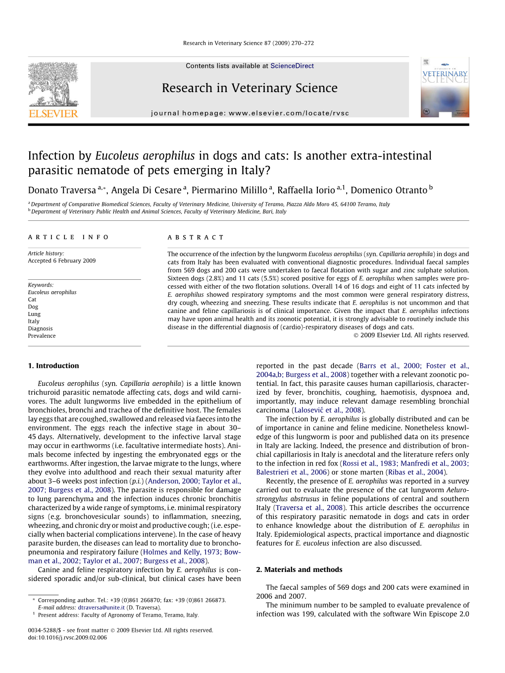 Infection by Eucoleus Aerophilus in Dogs and Cats: Is Another Extra-Intestinal Parasitic Nematode of Pets Emerging in Italy?