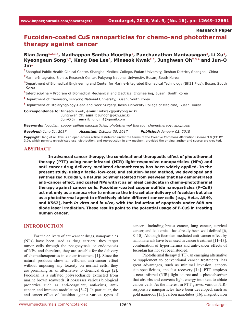 Fucoidan-Coated Cus Nanoparticles for Chemo-And Photothermal Therapy Against Cancer