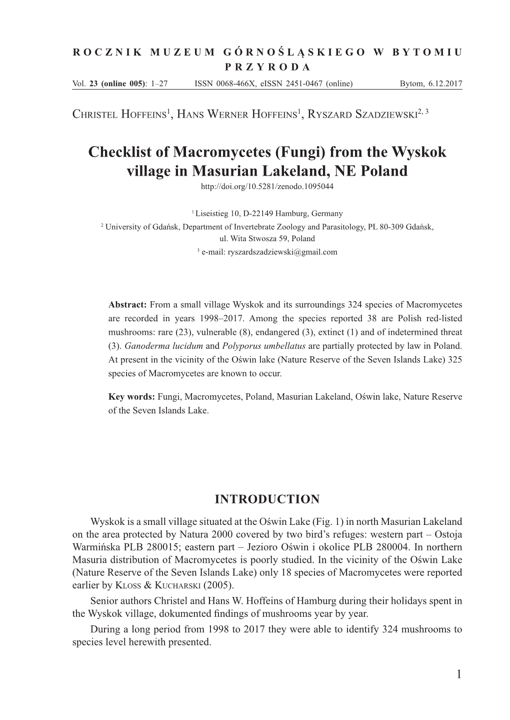 Checklist of Macromycetes (Fungi) from the Wyskok Village in Masurian Lakeland, NE Poland