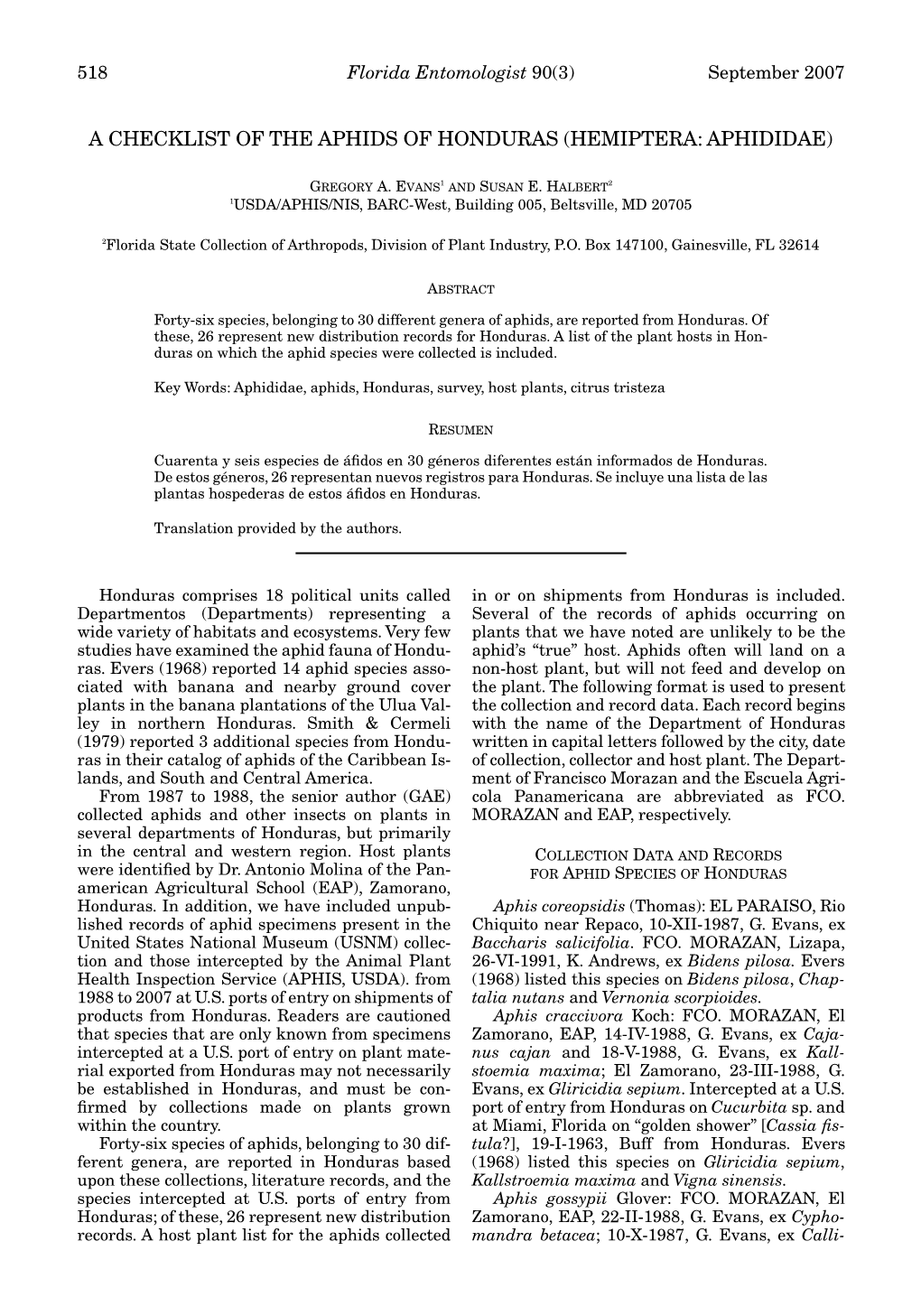 A Checklist of the Aphids of Honduras (Hemiptera: Aphididae)