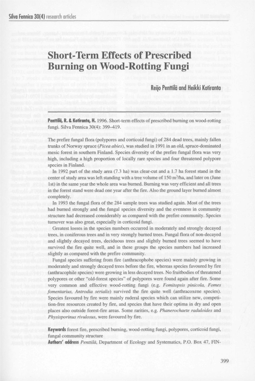 Short-Term Effects of Prescribed Burning on Wood-Rotting Fungi