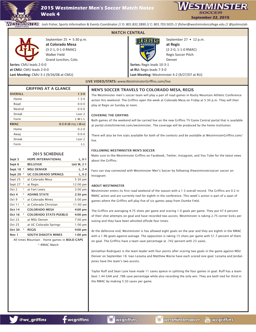 RMACMSOC 2015 Westminster Men's Soccer Match Notes Week 4