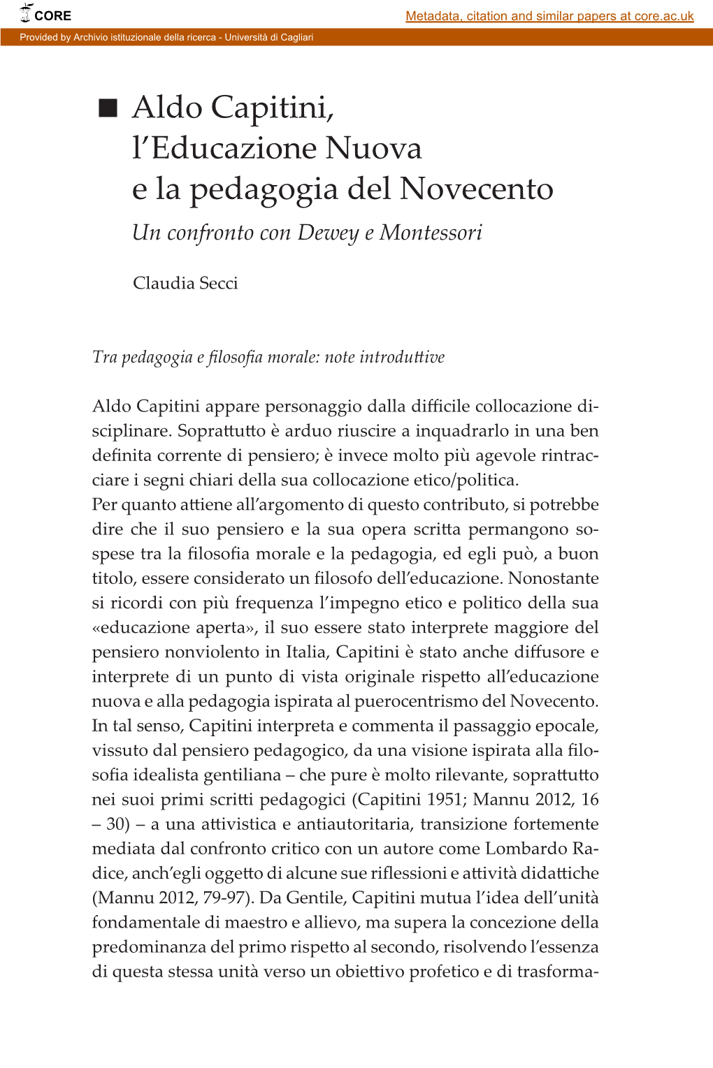 Aldo Capitini, L'educazione Nuova E La Pedagogia Del Novecento
