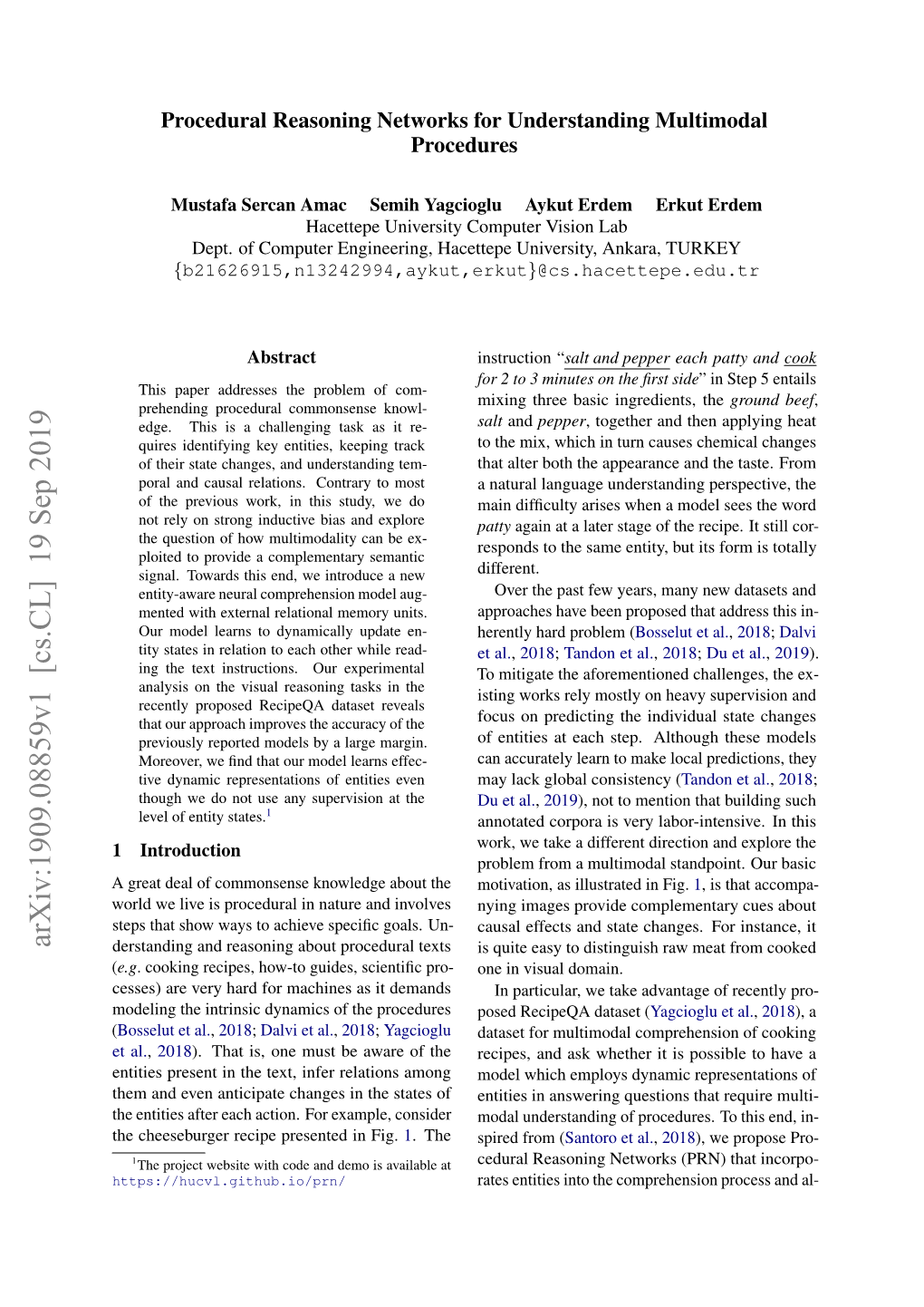 Arxiv:1909.08859V1 [Cs.CL] 19 Sep 2019 Derstanding and Reasoning About Procedural Texts Is Quite Easy to Distinguish Raw Meat from Cooked (E.G