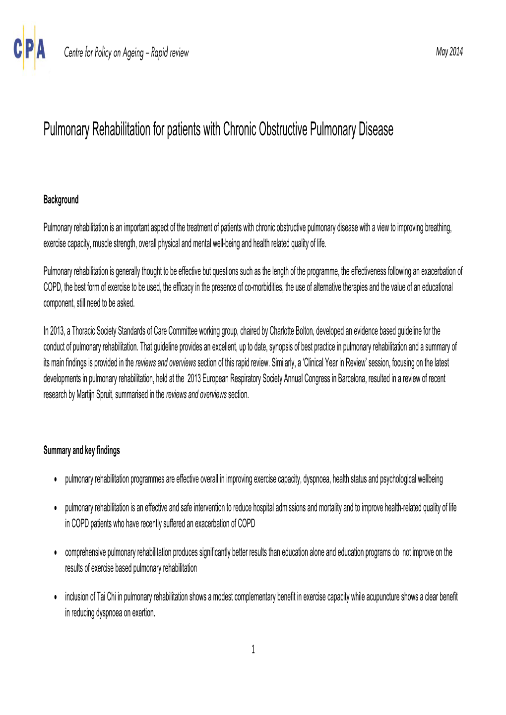 Pulmonary Rehabilitation for Patients with Chronic Obstructive Pulmonary Disease