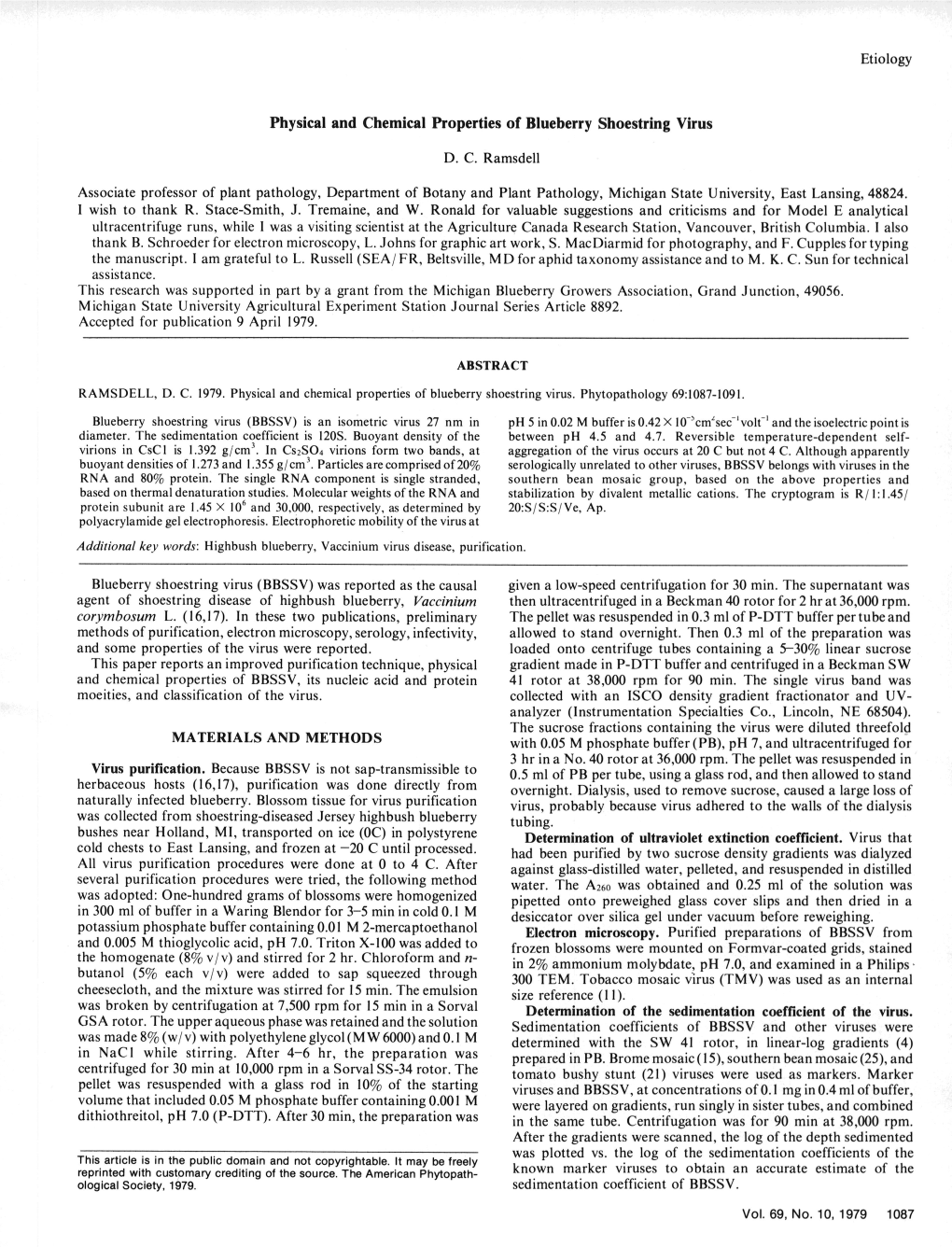 Etiology Physical and Chemical Properties of Blueberry Shoestring Virus MATERIALS and METHODS