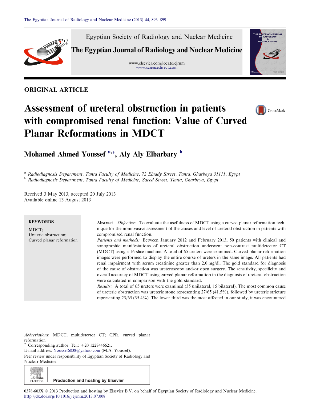 Assessment of Ureteral Obstruction in Patients with Compromised Renal Function: Value of Curved Planar Reformations in MDCT