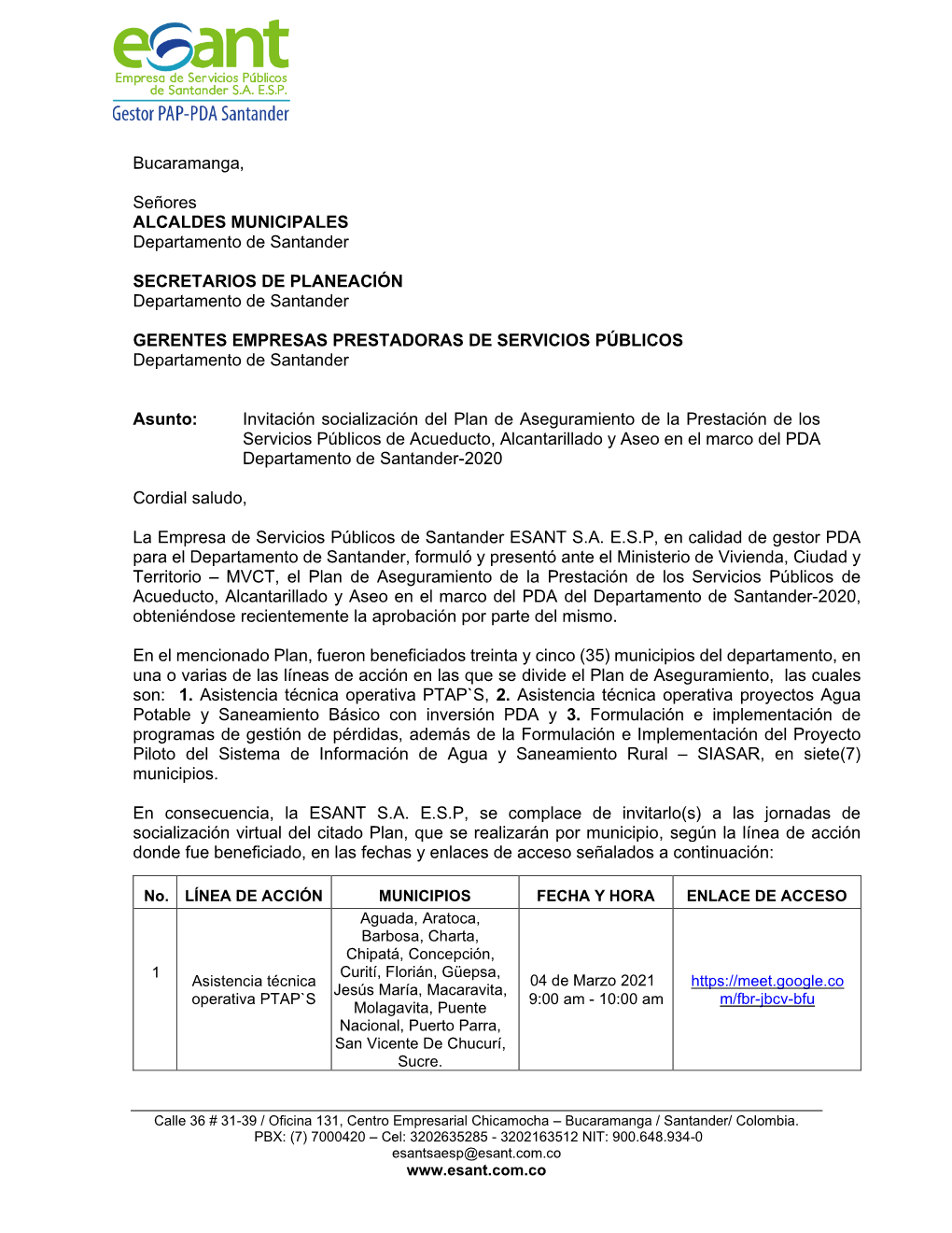 Bucaramanga, Señores ALCALDES MUNICIPALES Departamento De