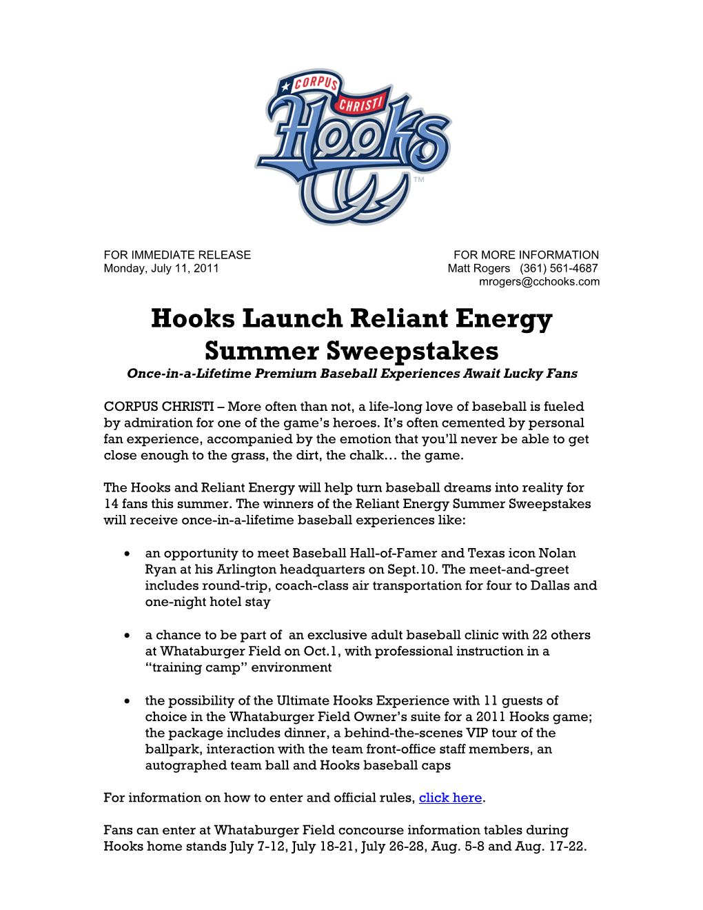 Hooks Launch Reliant Energy Summer Sweepstakes Once-In-A-Lifetime Premium Baseball Experiences Await Lucky Fans