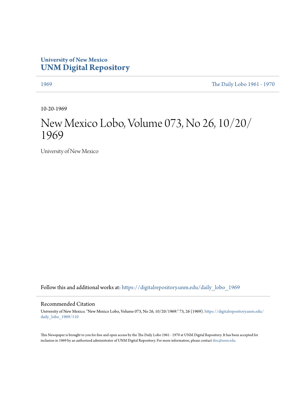 New Mexico Lobo, Volume 073, No 26, 10/20/1969." 73, 26 (1969)