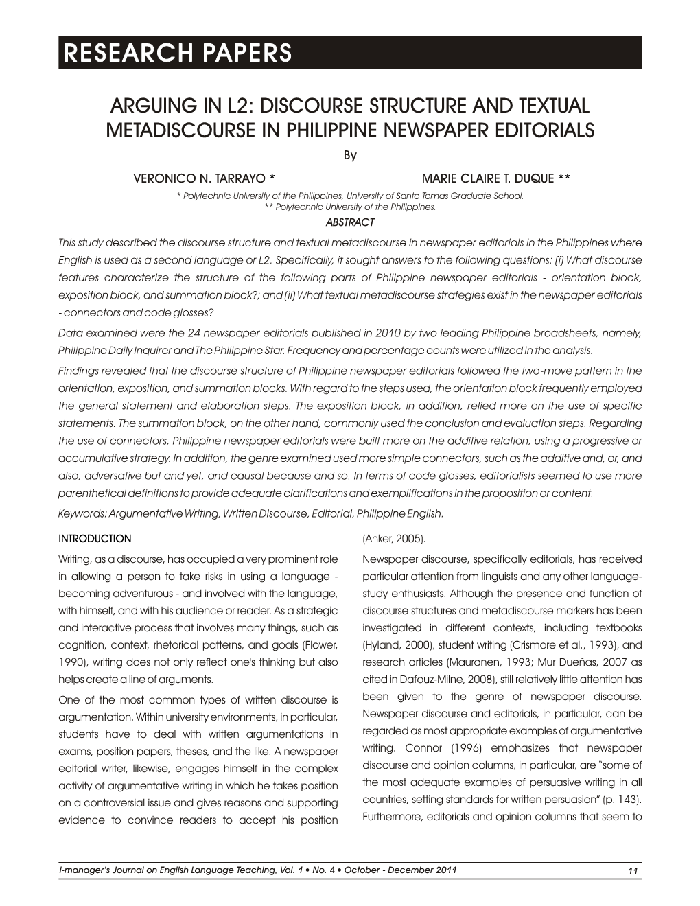 Arguing in L2: Discourse Structure and Textual Metadiscourse in Philippine Newspaper Editorials