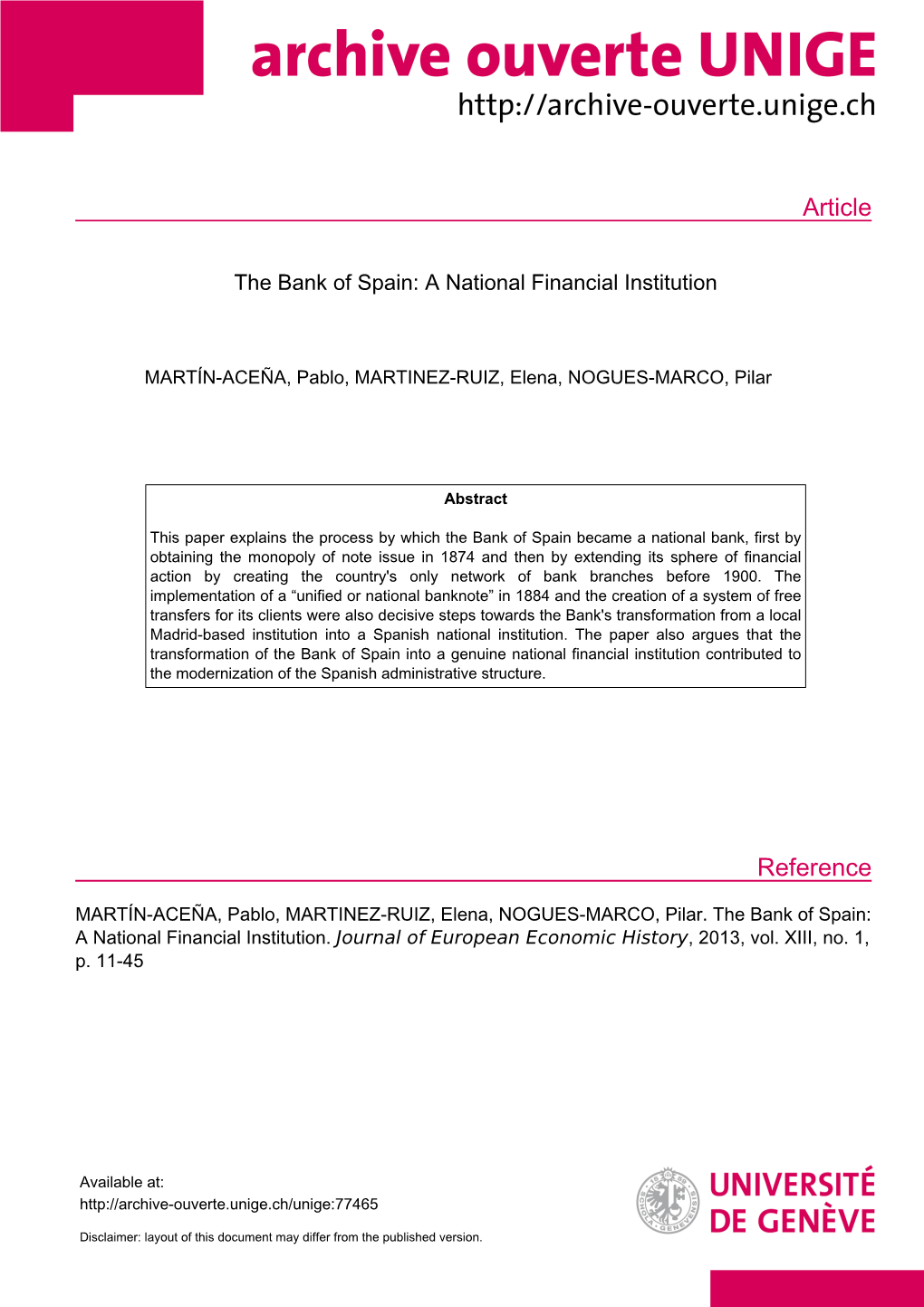 The Bank of Spain: a National Financial Institution