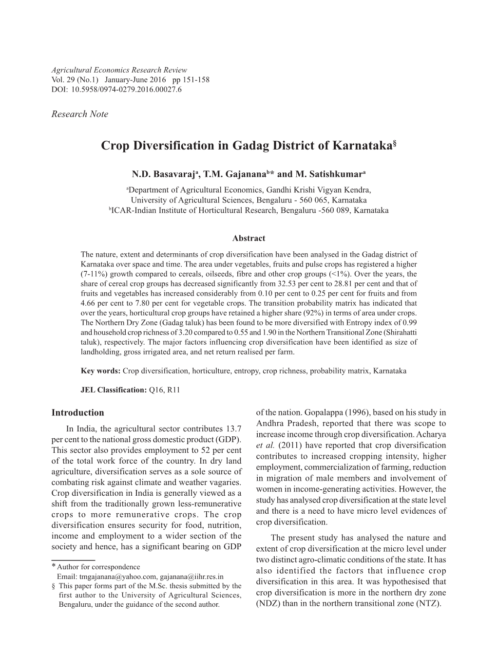 Crop Diversification in Gadag District of Karnataka§