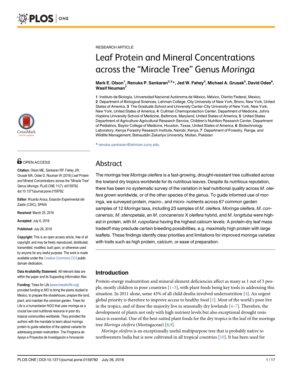 Leaf Protein and Mineral Concentrations Across the “Miracle Tree” Genus Moringa