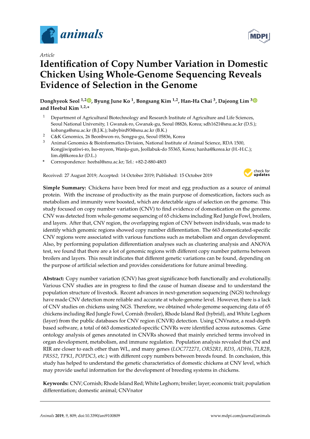 Identification of Copy Number Variation in Domestic Chicken