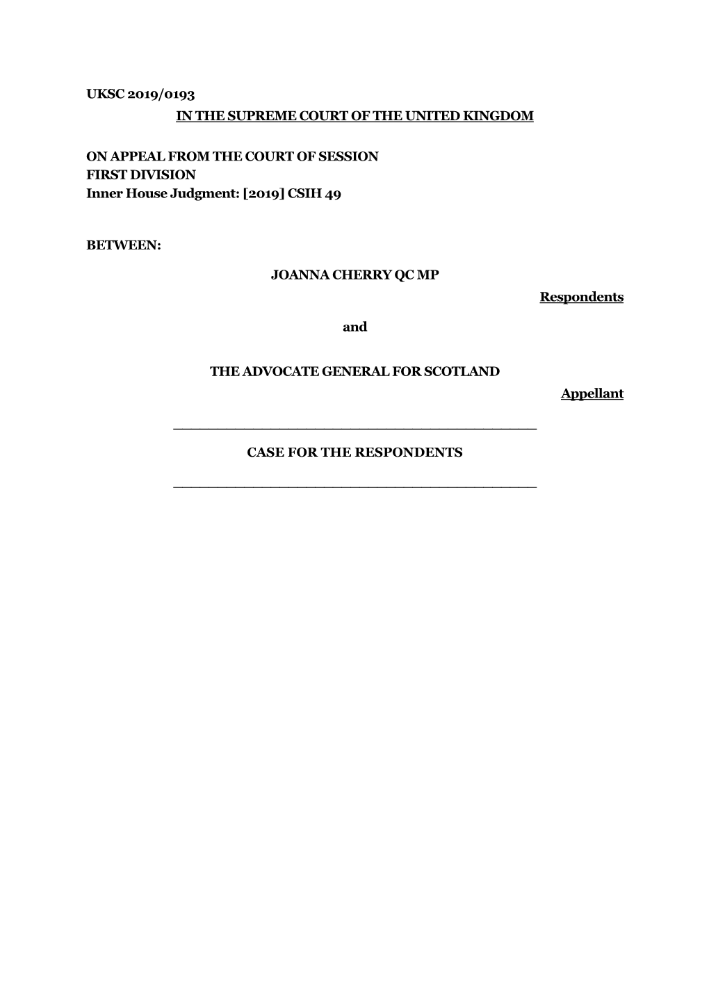 UKSC 2019/0193 in the SUPREME COURT of the UNITED KINGDOM on APPEAL from the COURT of SESSION FIRST DIVISION Inner House Judgmen