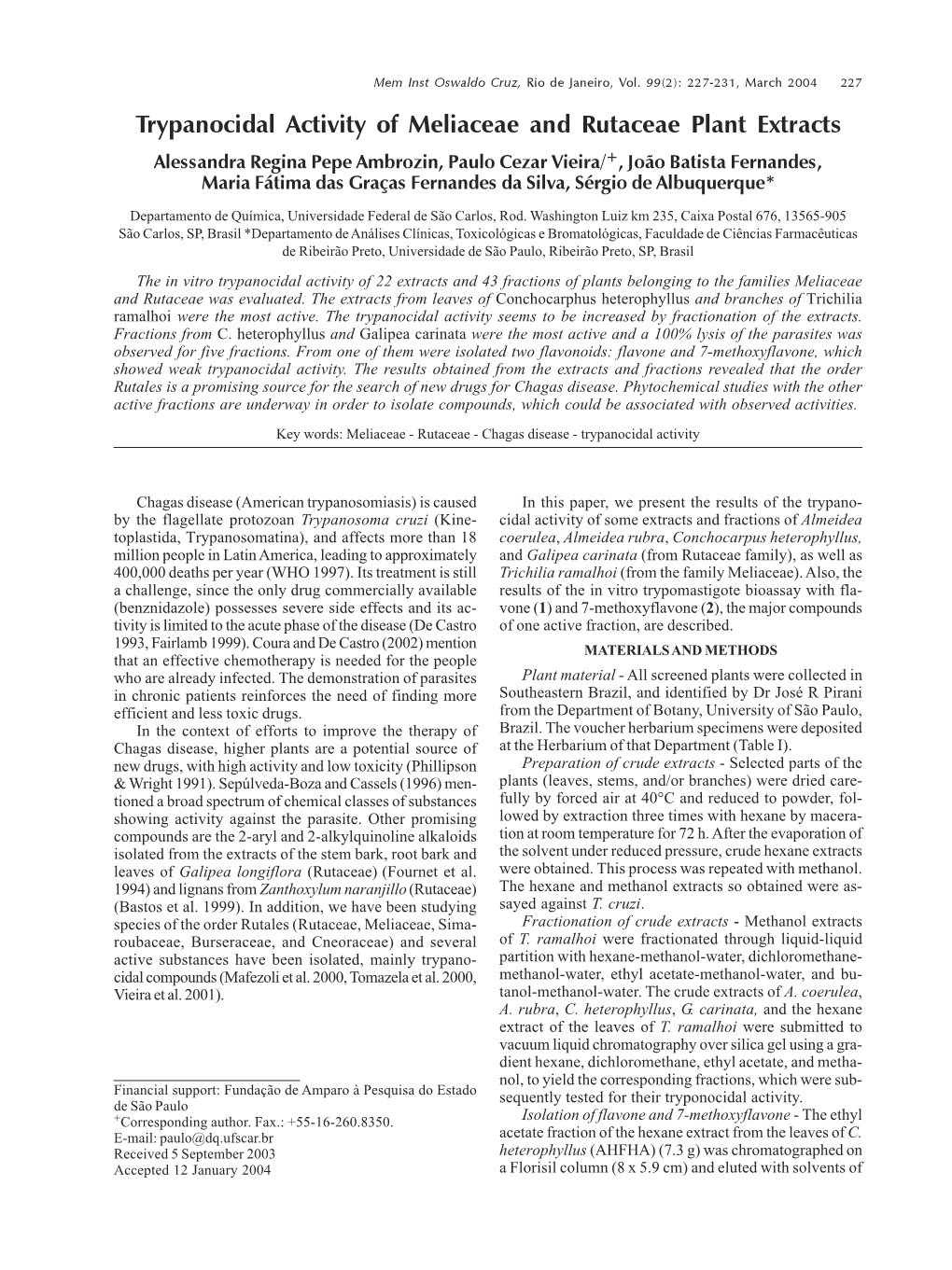 Trypanocidal Activity of Meliaceae and Rutaceae Plant Extracts