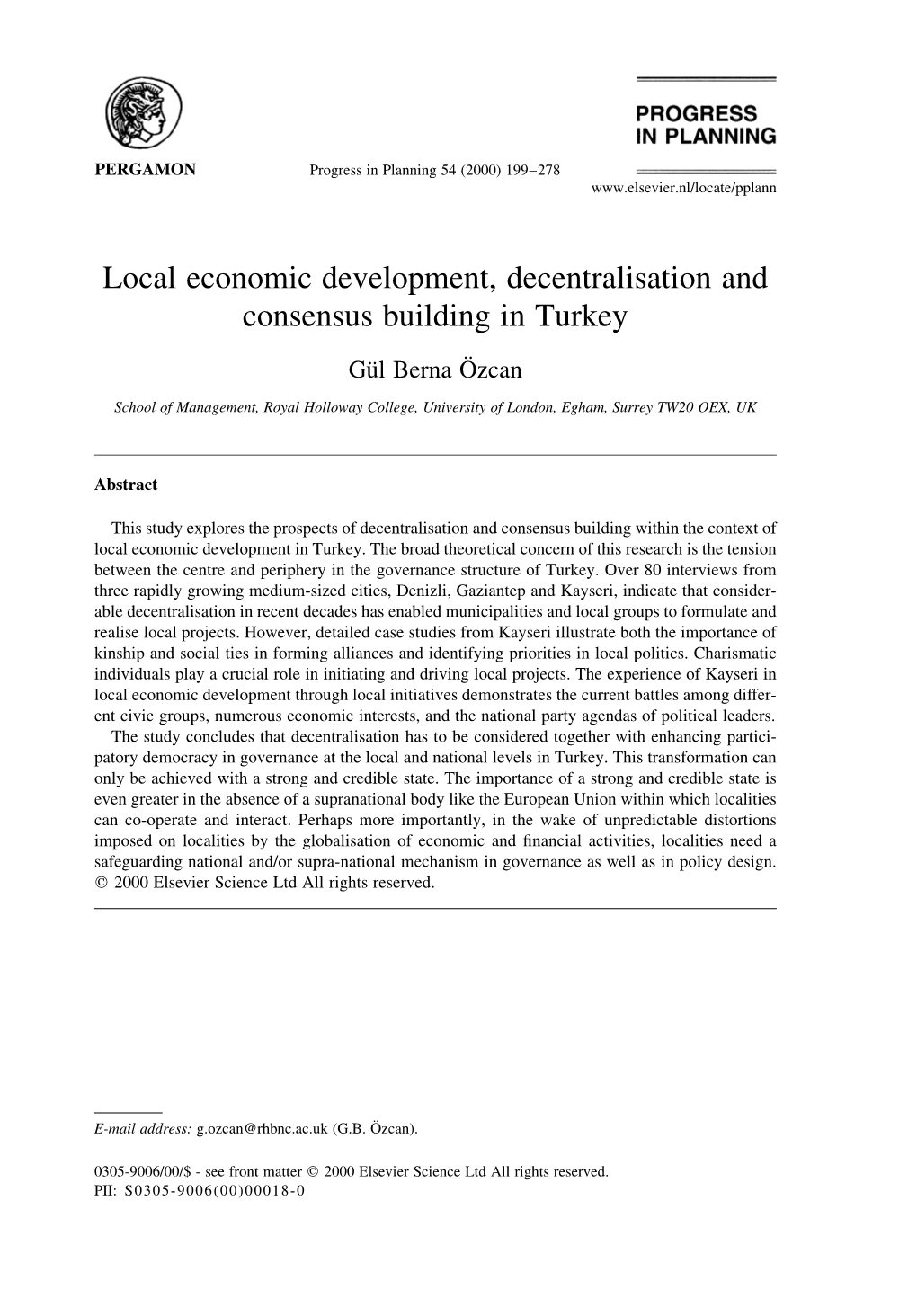 Local Economic Development, Decentralisation and Consensus Building in Turkey