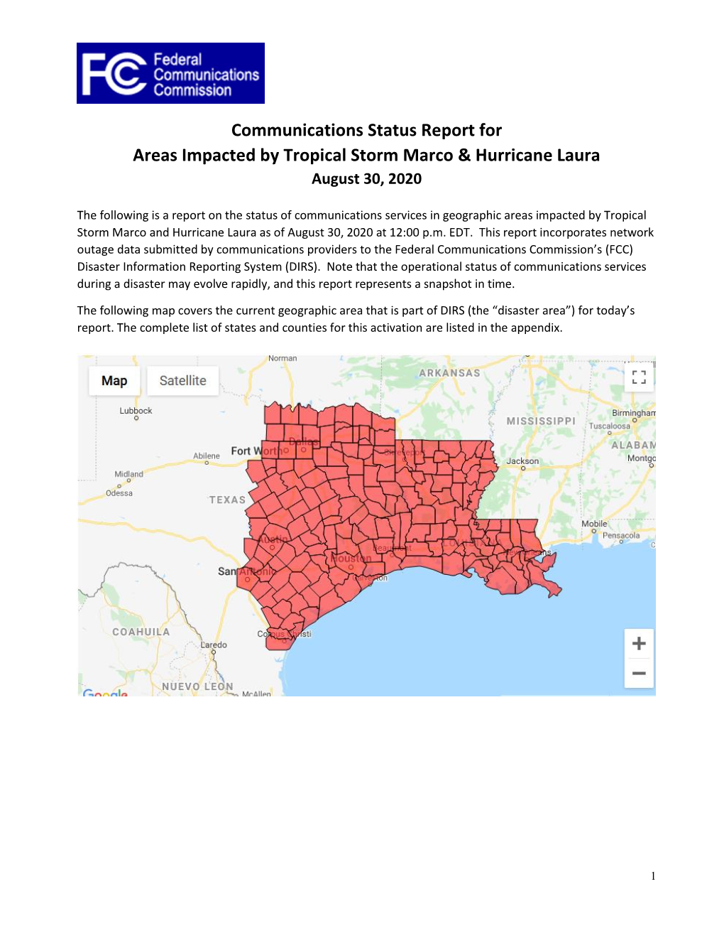 Communications Status Report for Areas Impacted by Tropical Storm Marco & Hurricane Laura August 30, 2020